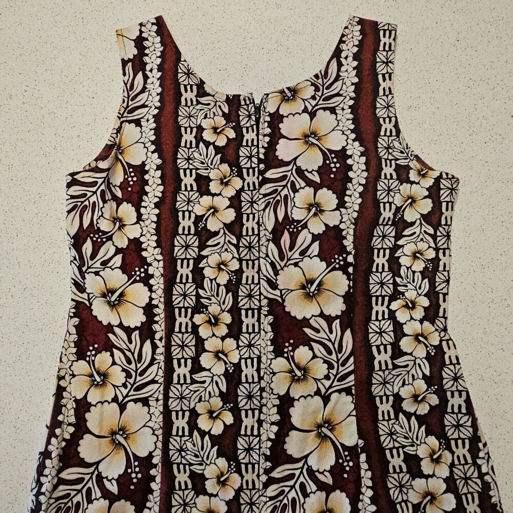 Hawaiian Flavor Tapa Cloth Print Dress M Brown Handmade Sleeveless Cotton Floral - Picture 8 of 16